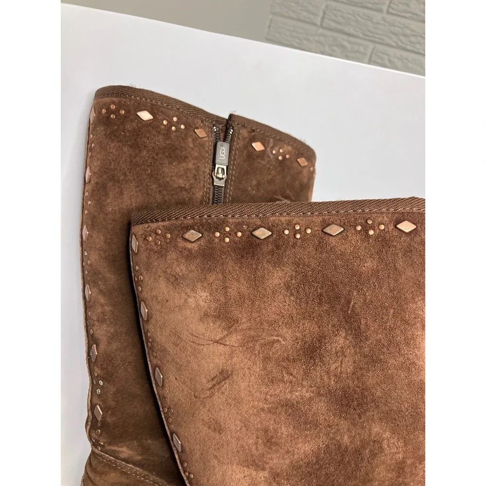 UGG Tall Suede Boots Womens 8 Brown Good Studded Metallic Zip Up 5544 winter